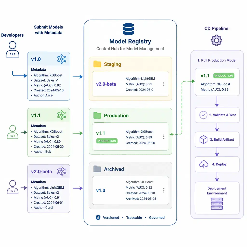 A diagram representing a Model Registry as a central hub. On the left, developers submit models ('v1.0', 'v1.1', 'v2.0-beta') with metadata. Inside the registry hub, show folders categorized by lifecycle stages: 'Staging', 'Production', and 'Archived'. On the right, a CD pipeline pulls the model labeled 'Production' for deployment.