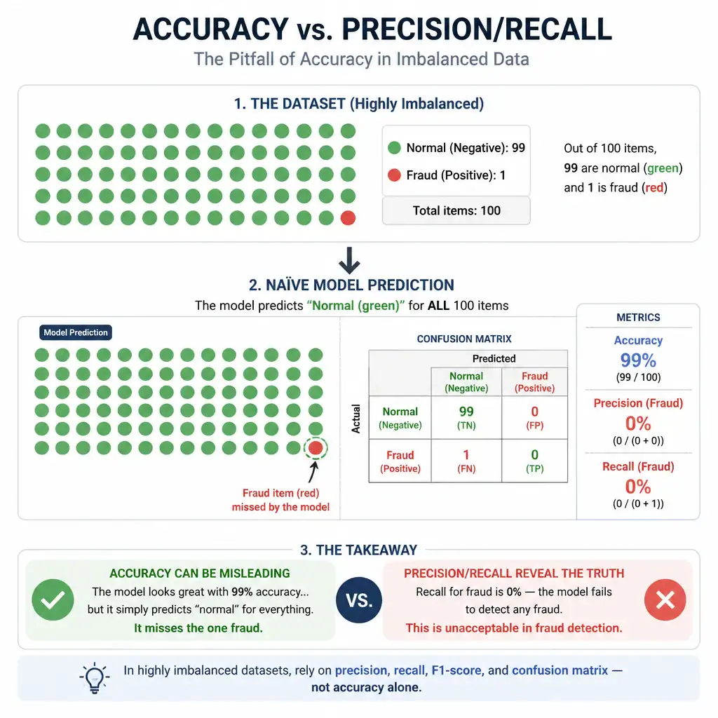 A diagram comparing accuracy vs. precision/recall in a highly imbalanced dataset. It shows a dataset of 100 items where 99 are green (normal) and 1 is red (fraud). A naive model predicts green for all 100 items, achieving 99% accuracy but 0% recall on fraud. The diagram highlights the contrast between the high accuracy score and the failure to detect the red item.