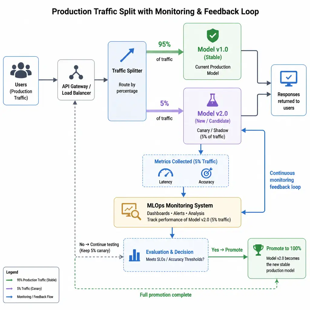 A flow diagram showing production traffic being split. 95% of user traffic is routed to the stable 'Model v1.0' block, while 5% of user traffic is routed to the new 'Model v2.0' block. Arrows show feedback loops monitoring latency and accuracy metrics from the 5% subset back to the MLOps monitoring system before full promotion.