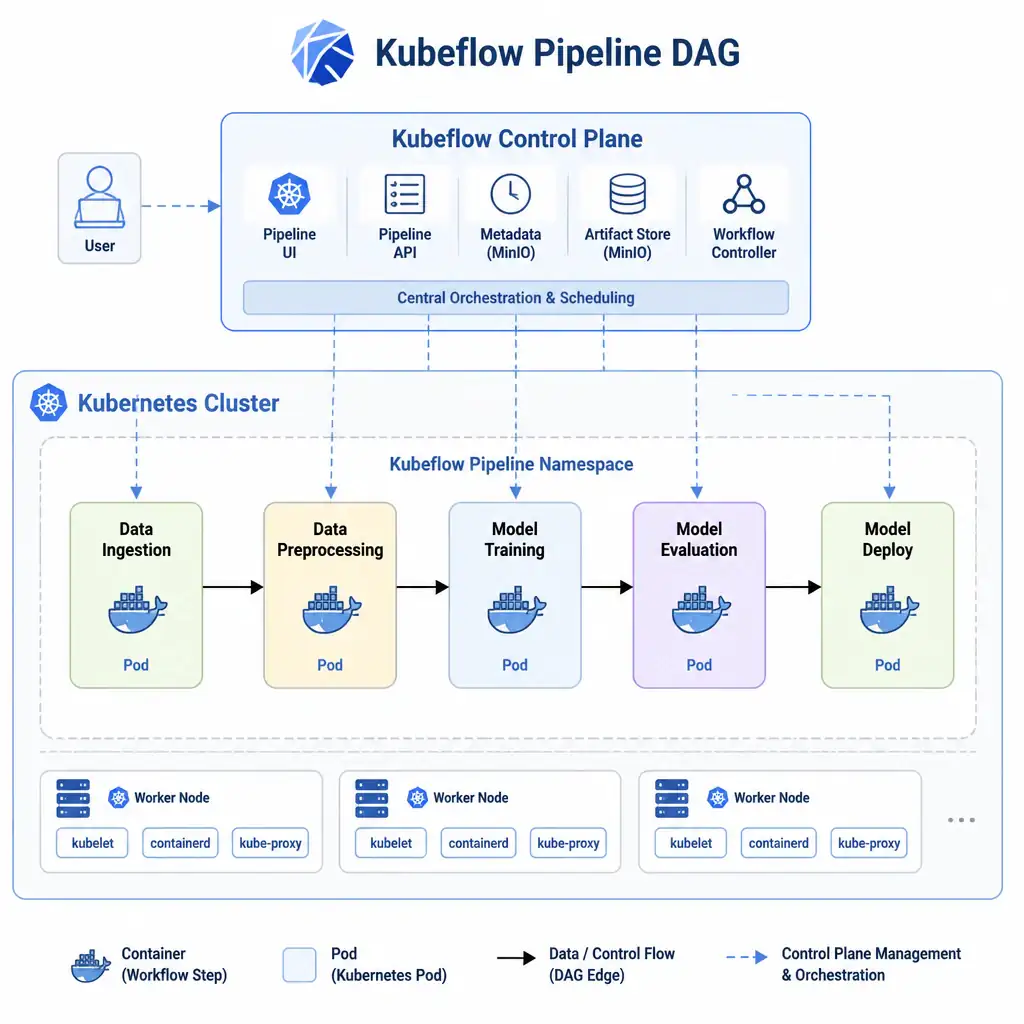 A flow diagram representing a Kubeflow Pipeline DAG (Directed Acyclic Graph) running on a Kubernetes cluster. The workflow blocks are: 'Data Ingestion' -> 'Data Preprocessing' -> 'Model Training' -> 'Model Evaluation' -> 'Model Deploy'. Each block shows a container icon, and the pipeline is managed by a central control plane.