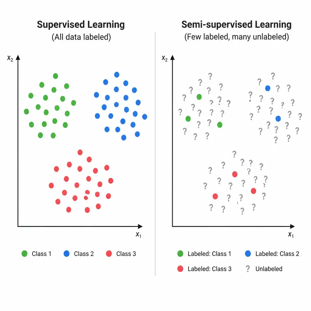 A visual representation of data points in a 2D space. One side shows 'Supervised Learning' where all data points are colored circles representing their labels. The other side shows 'Semi-supervised Learning' where only a few data points are colored circles (labeled), and the rest are gray question marks (unlabeled) showing how they cluster around the labeled points.