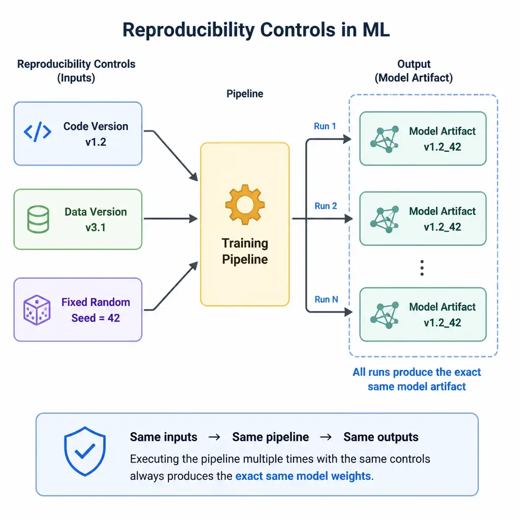 A diagram showing reproducibility controls in ML. Three inputs ('Code Version v1.2', 'Data Version v3.1', and 'Fixed Random Seed = 42') feed into a 'Training Pipeline'. The output is a 'Model Artifact v1.242'. Running this pipeline multiple times always produces the exact same model weights.