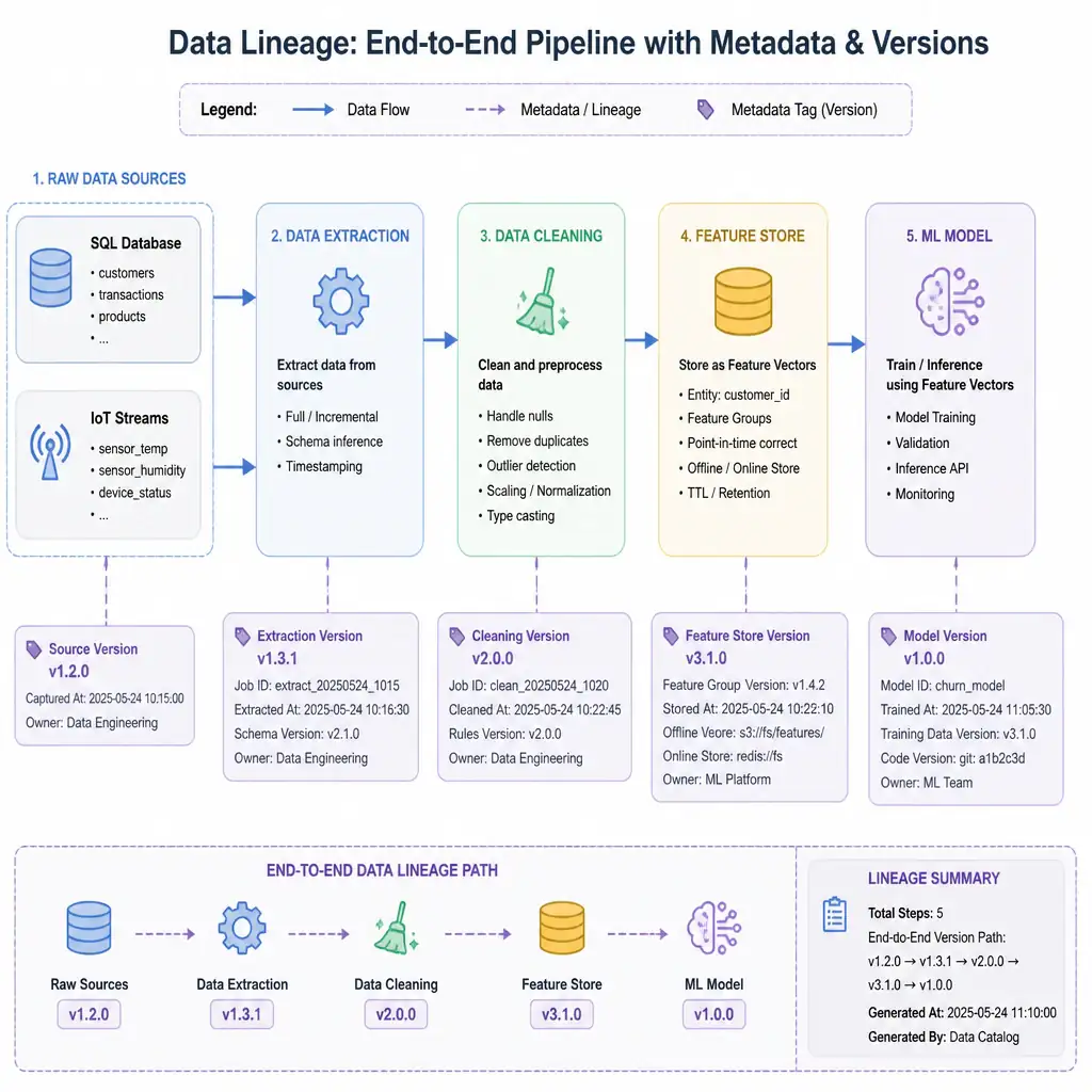 A flowchart illustrating data lineage. Raw data sources (SQL database, IoT streams) flow into 'Data Extraction', then through 'Data Cleaning' (handling nulls, scaling), into a 'Feature Store' as 'Feature Vectors', and finally into the 'ML Model'. The entire path is highlighted with metadata tags showing versions at each step.