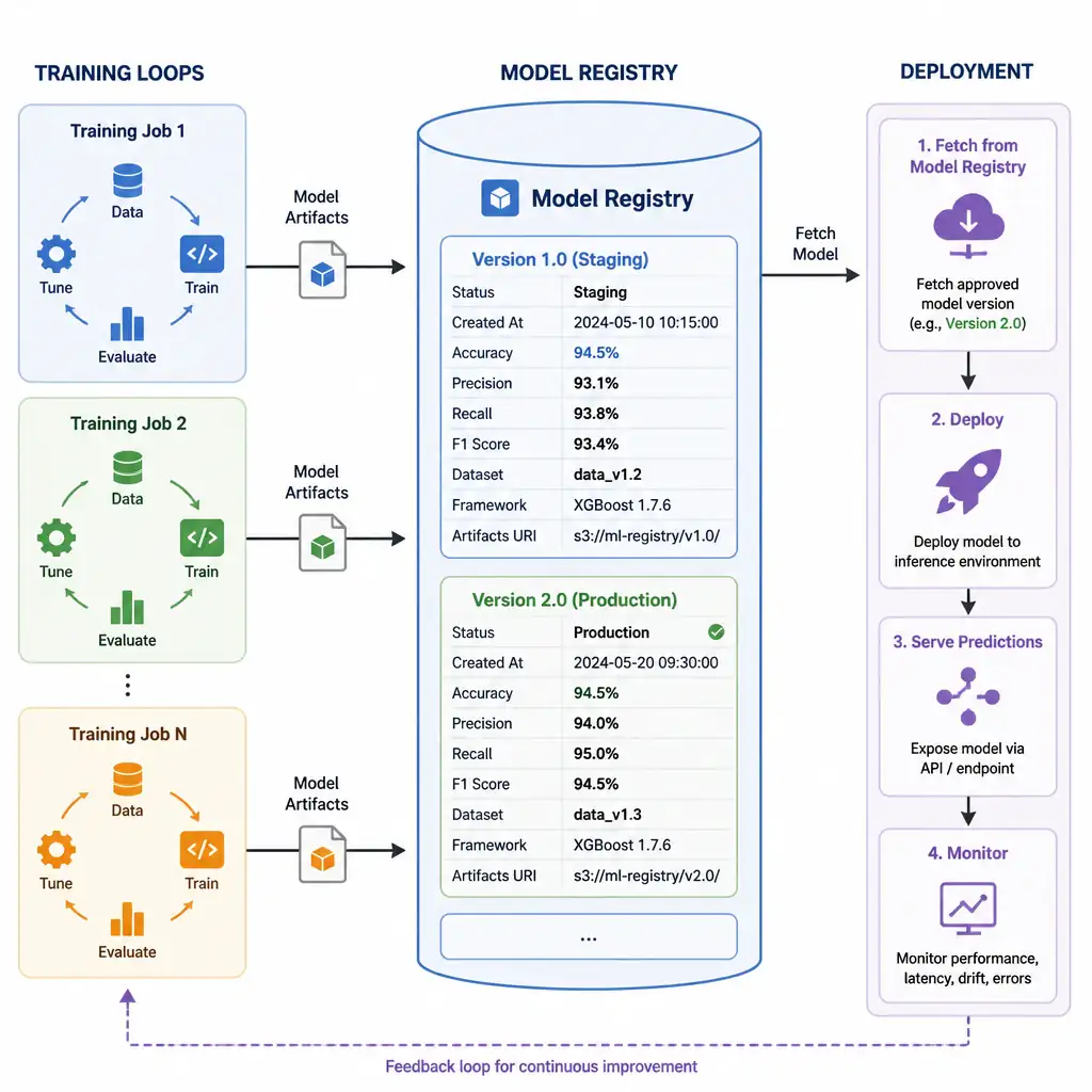 A block diagram representing the MLOps pipeline. On the left, show training loops outputting model artifacts to a central cylinder labeled "Model Registry". Inside the registry, show details like "Version 1.0 (Staging)", "Version 2.0 (Production)", and table entries for "Accuracy: 94.5%". On the right, show a deployment stage fetching from the registry.
