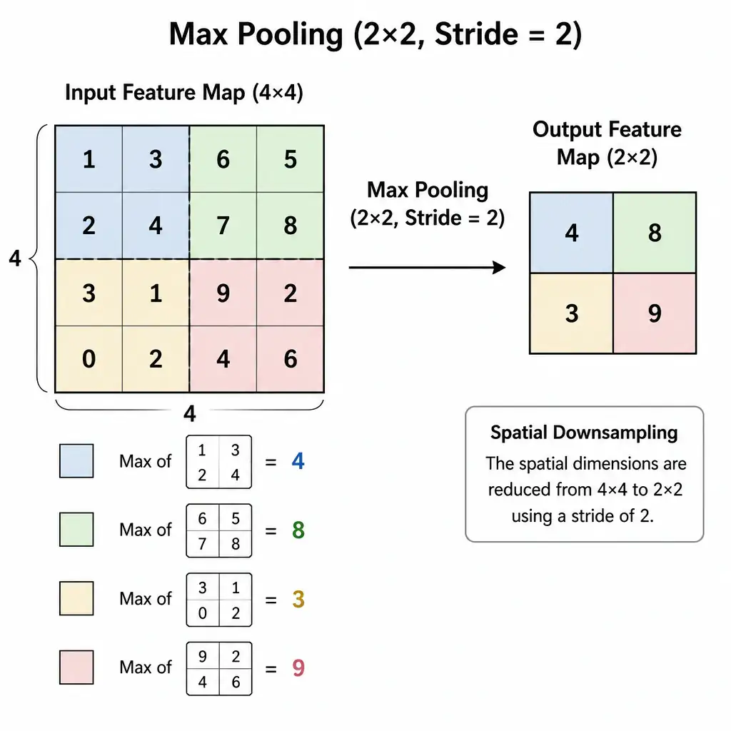 A diagram of a 4x4 grid representing a feature map, divided into four 2x2 quadrants. Show a Max Pooling operation with a stride of 2 extracting the maximum value from each 2x2 quadrant and mapping it to a smaller 2x2 output grid, illustrating spatial downsampling.