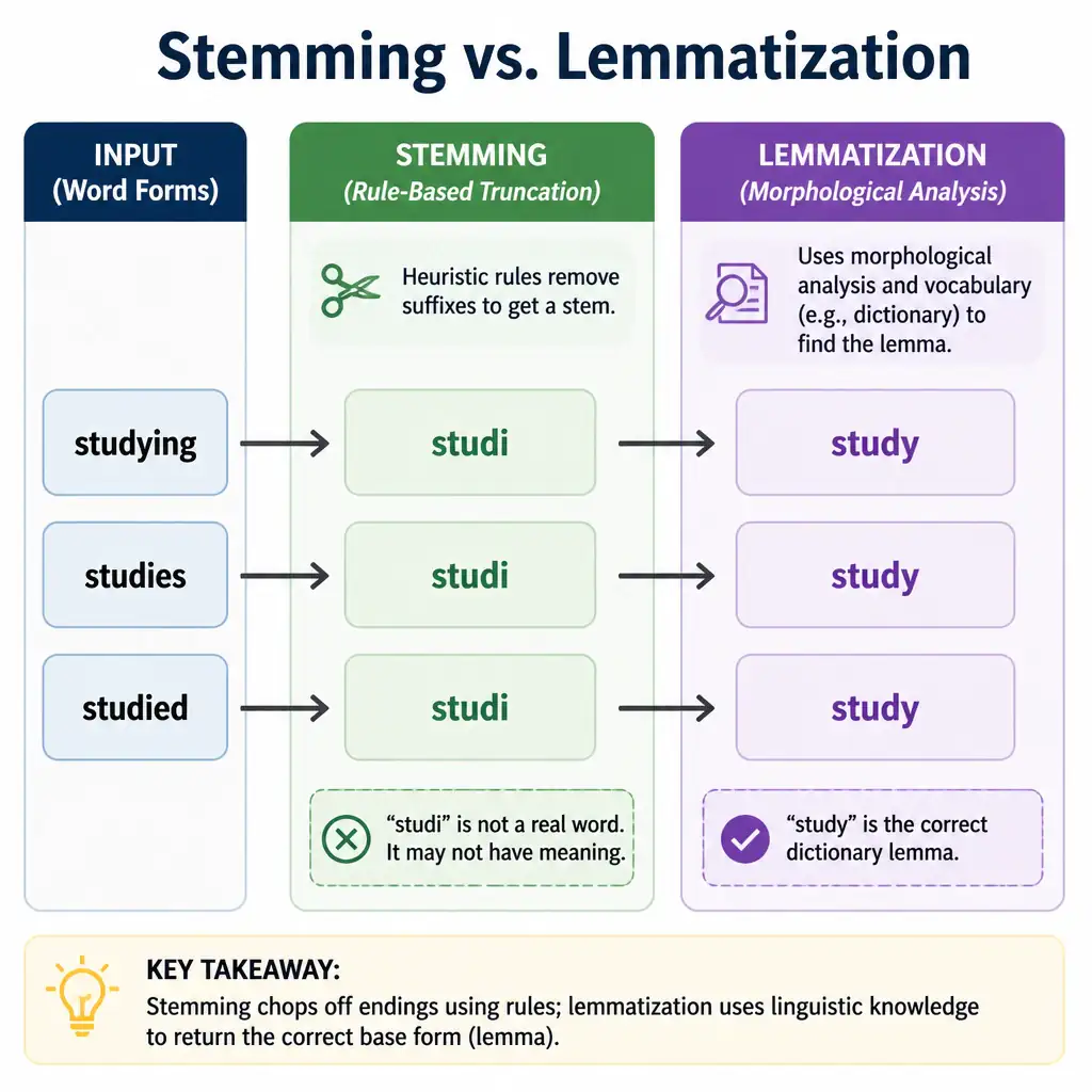 A comparison diagram labeled "Stemming vs. Lemmatization". Show inputs like "studying", "studies", and "studied". Under Stemming, show them mapping to "studi" (not a real word). Under Lemmatization, show them mapping to "study" (the correct dictionary lemma), indicating the use of morphological analysis.