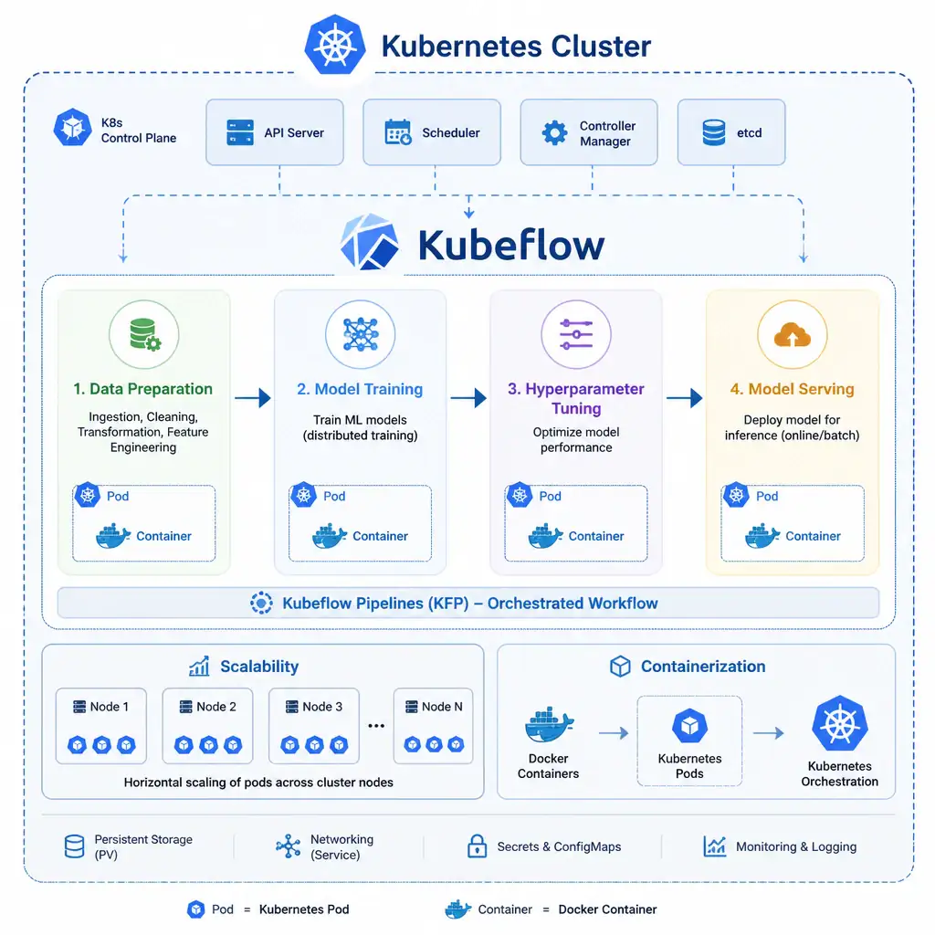 A diagram showing a Kubernetes cluster hosting the Kubeflow logo. Inside, show an orchestrated pipeline representing the ML lifecycle: Data Preparation -> Model Training -> Hyperparameter Tuning -> Model Serving, indicating scalability and containerization.