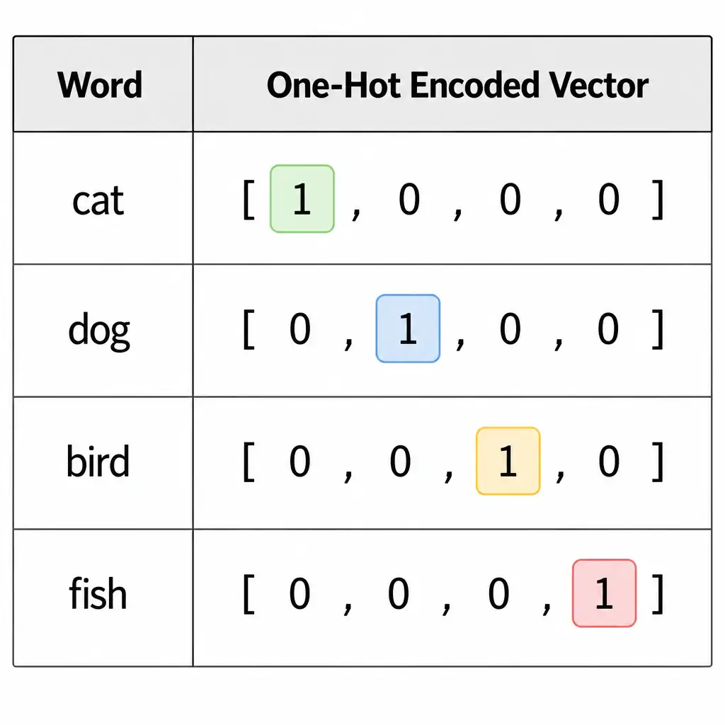 A table showing four words: "cat", "dog", "bird", "fish" with their corresponding one-hot encoded vectors: [1, 0, 0, 0], [0, 1, 0, 0], [0, 0, 1, 0], and [0, 0, 0, 1]. Highlight the single "1" in each vector to illustrate the "hot" element in a sparse vector.
