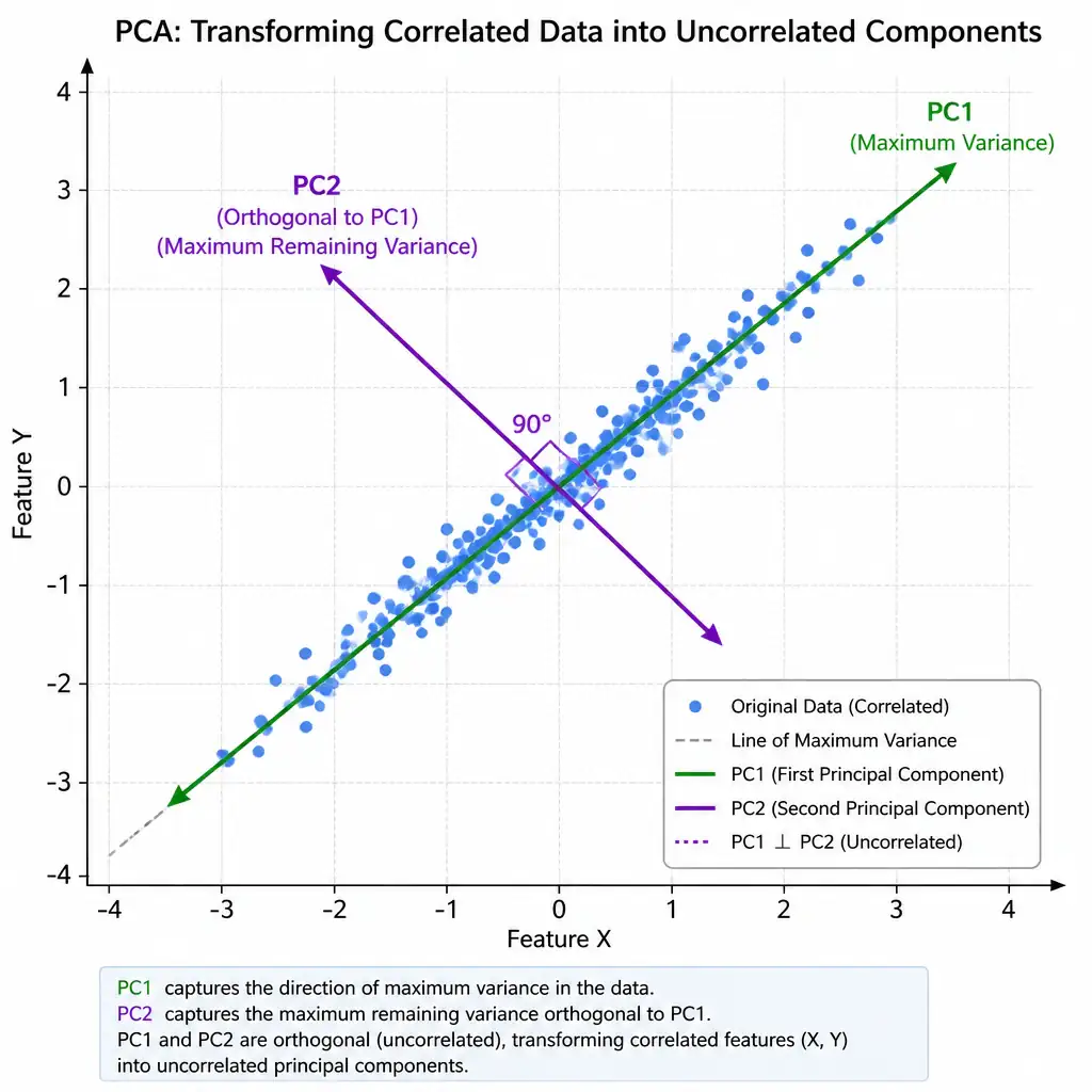 A scatter plot showing data points distributed along a diagonal line representing high correlation between Feature X and Feature Y. Show the new orthogonal axes of Principal Component Analysis (PC1 along the line of maximum variance, and PC2 perpendicular to it) illustrating how PCA transforms correlated data into uncorrelated components.