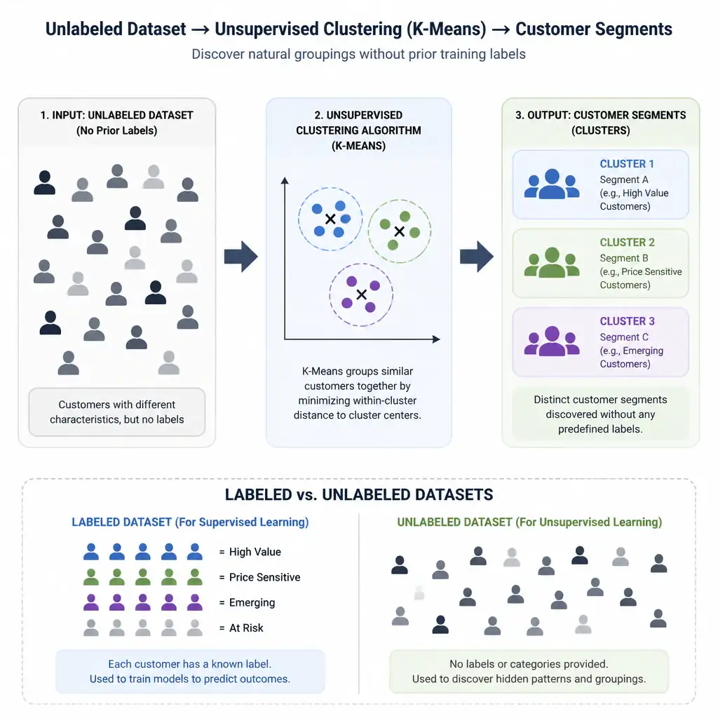 A diagram illustrating the difference between labeled and unlabeled datasets, showing an input dataset of various unlabelled customer icons feeding into an unsupervised clustering algorithm (like K-Means), which outputs distinct, color-coded customer segments (clusters) without prior training labels.