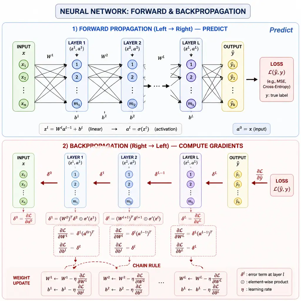 A visual flowchart of a neural network showing two distinct phases: forward propagation (arrows pointing from left/input to right/output labeled 'Predict') and backpropagation (arrows pointing from right/loss to left/input with mathematical delta/gradient symbols and 'Chain Rule' indicated above the weight update steps).
