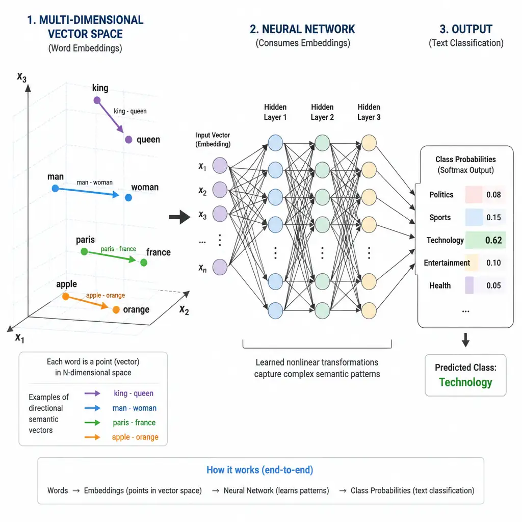 A multi-dimensional vector space diagram displaying words plotted as points (e.g., 'king', 'queen', 'man', 'woman' grouped together with arrows indicating directional semantic vectors) feeding directly as inputs into a multi-layered neural network that outputs text classifications.