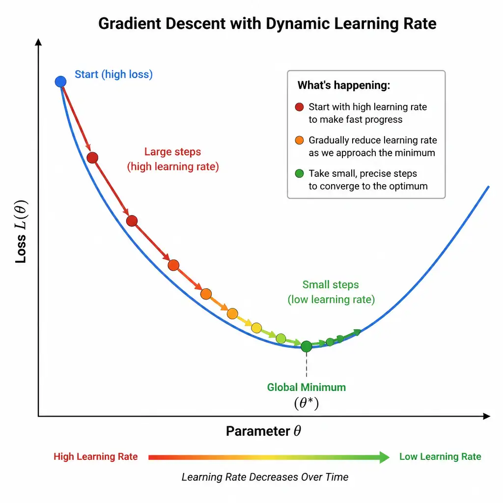 A graph showing the path of gradient descent down a loss curve, with large steps at the top (high learning rate) that gradually become smaller and more precise near the global minimum (low learning rate), representing a dynamic learning rate schedule.
