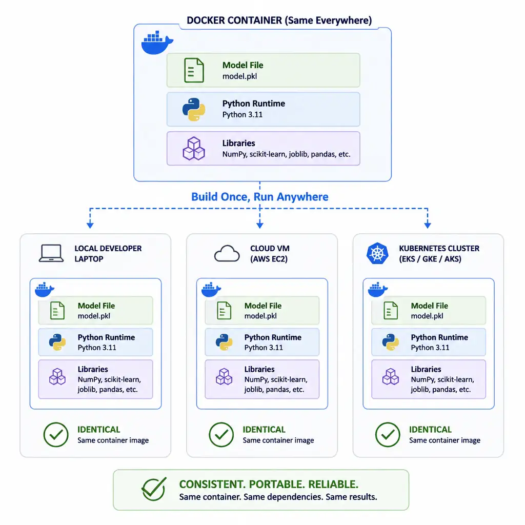 A diagram showcasing a Docker container holding a model file, Python runtime, and libraries (like NumPy and scikit-learn) being deployed seamlessly from a local developer's laptop to a cloud VM and a Kubernetes cluster, with checkmarks showing consistency across all platforms.