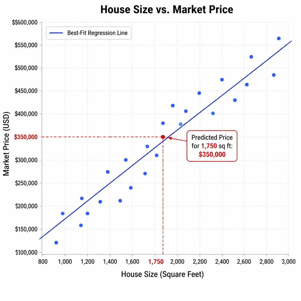 A scatter plot of house sizes (x-axis) vs. market prices (y-axis) with data points scattered around a linear best-fit regression line, showing a prediction of a specific dollar amount (e.g., $350,000) for a given house size.