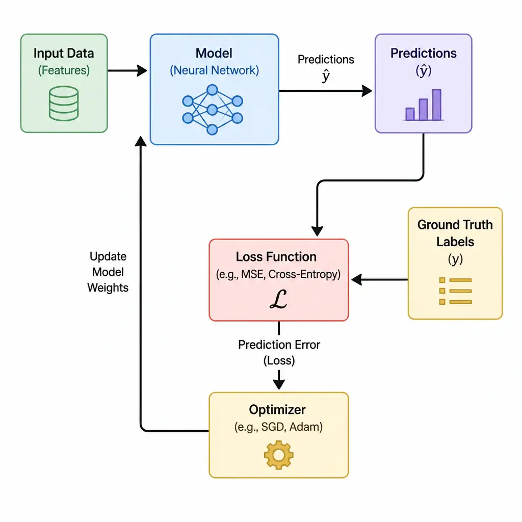 A flowchart of a machine learning training loop. Inputs flow into a model, generating predictions. The predictions and ground truth labels feed into a box labeled 'Loss Function' which calculates the prediction error. The output error feeds into the 'Optimizer' which updates the model's weights, completing the loop.