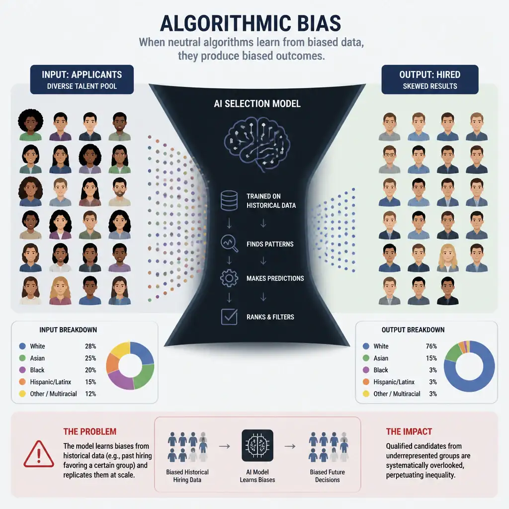 A conceptual illustration of algorithmic bias. A diverse set of applicants (demographically varied) are processed by an AI decision funnel. The output shows a systematically skewed distribution favoring a single group, highlighting the contrast between the diverse input population and the biased output results.