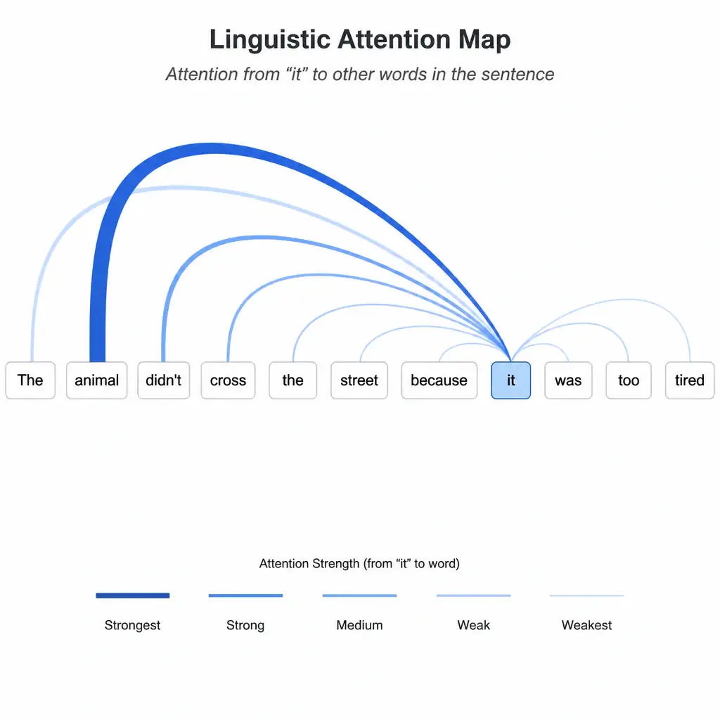 A linguistic attention map visualization. The sentence 'The animal didn't cross the street because it was too tired' is shown. Lines of varying thickness connect the word 'it' to all other words in the sentence, with the thickest line pointing directly to 'animal', showing how the model focuses on the correct noun context.