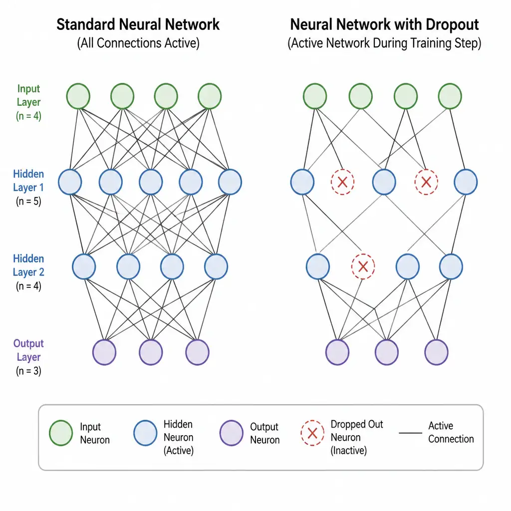 A comparison diagram showing a standard neural network on the left with all layers fully connected, and the same neural network on the right with several neurons crossed out ('dropped out') and their associated connection lines removed, illustrating the active network architecture during a training step.