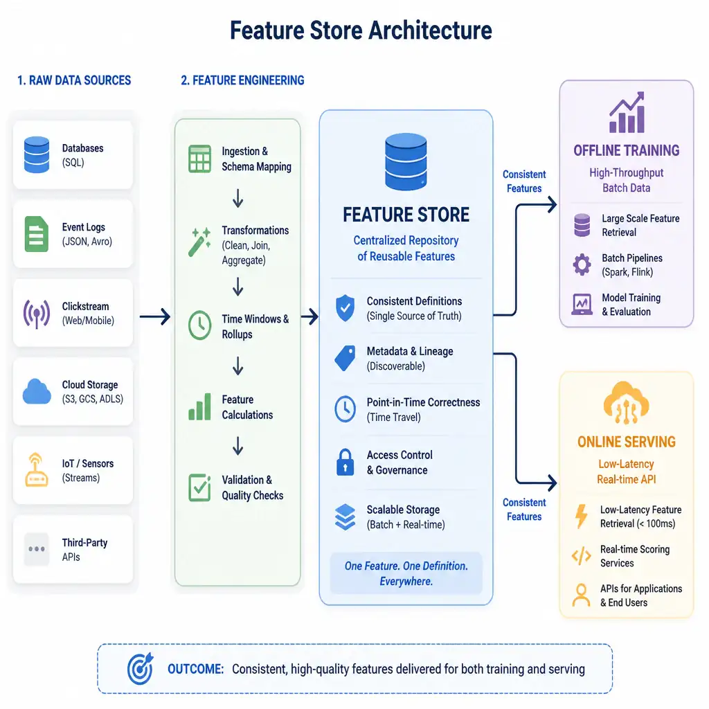 A pipeline diagram depicting a feature store. Raw data sources feed into feature engineering transformations. The output features are stored in a centralized 'Feature Store' block, which has two outgoing arrows: one pointing to 'Offline Training' (high-throughput batch data) and another pointing to 'Online Serving' (low-latency real-time API), showing consistent feature delivery.