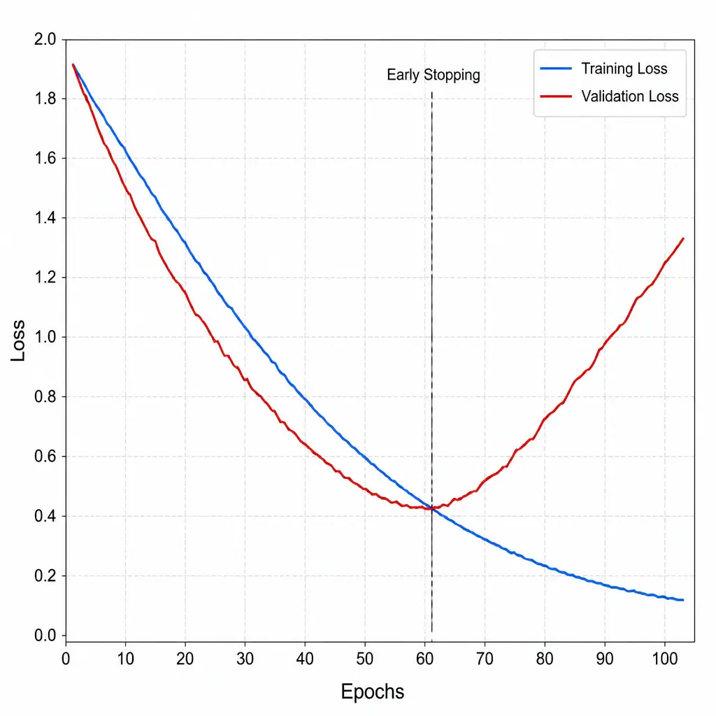 A plot of loss curves over training epochs. The x-axis represents epochs, and the y-axis represents loss. A blue line (training loss) decreases steadily. A red line (validation loss) decreases, hits a minimum point, and then rises. A vertical dashed line marks the minimum validation loss point and is labeled 'Early Stopping'.