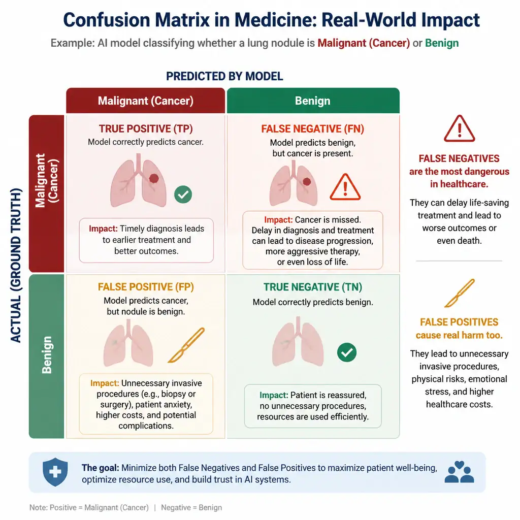 The image should show a binary classification confusion matrix contextualized for medicine, illustrating the real-world impact of False Positives (unnecessary invasive procedures) and False Negatives (delayed life-saving treatments).