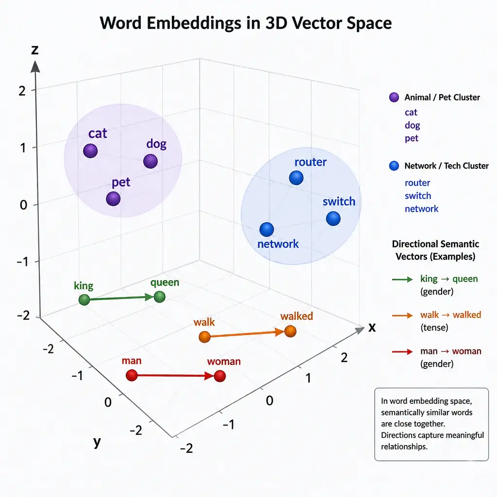 The diagram should depict a 3D vector space plot where words like "cat," "dog," and "pet" are clustered close together, and words like "router," "switch," and "network" form another cluster, with arrows illustrating directional semantic vectors (e.g., gender or tense relationships).
