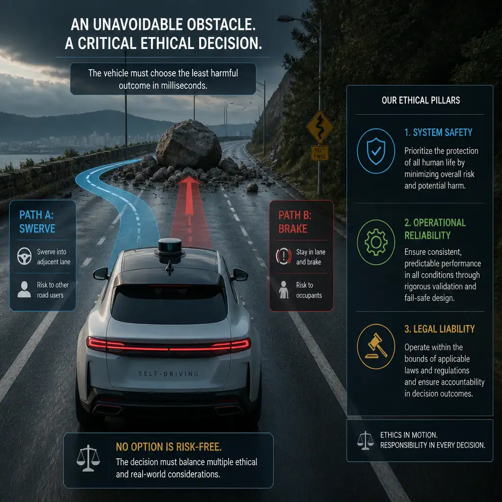 The image should show a self-driving car facing an unavoidable obstacle with decision paths labeled "Path A: Swerve" and "Path B: Brake," with overlay text highlighting the ethical pillars: "System Safety," "Operational Reliability," and "Legal Liability."
