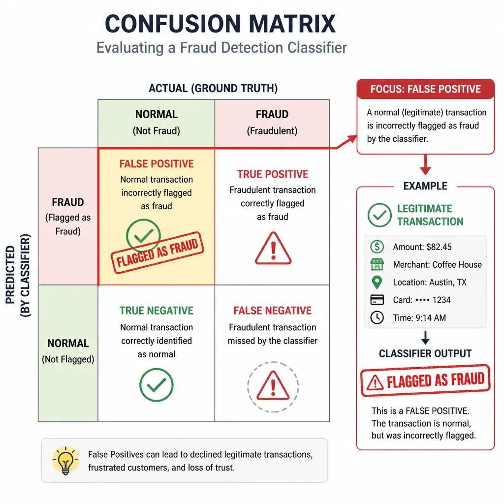The diagram should illustrate a confusion matrix layout pointing out the "False Positive" sector, showing a normal green checkmark transaction being incorrectly stamped with a red "FLAGGED AS FRAUD" label by the classifier.