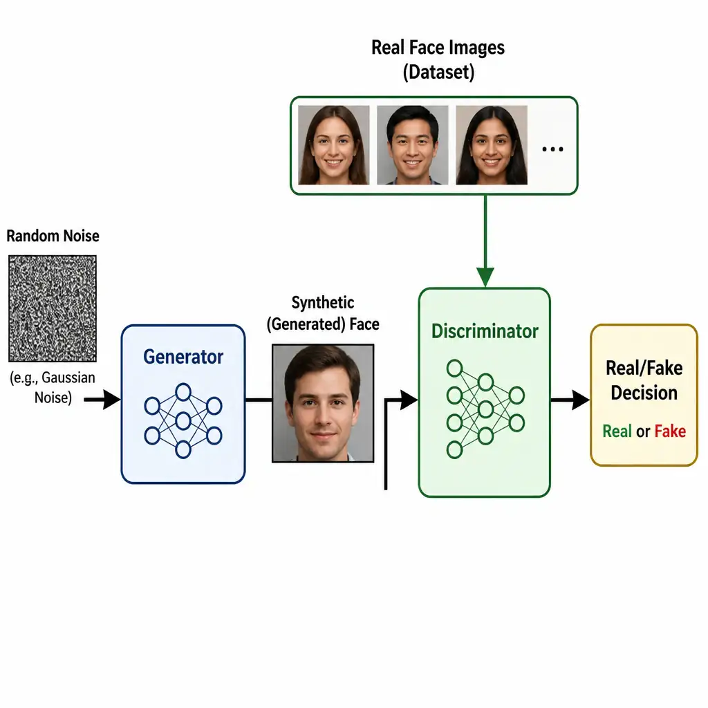 The image should show a flow diagram representing a GAN, with the Generator block converting random noise into a synthetic face image, feeding into the Discriminator block alongside real face images, and the Discriminator outputting a "Real/Fake" decision.