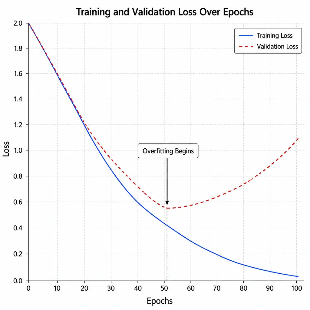 The image should present a line graph showing "Loss" on the vertical axis and "Epochs" on the horizontal axis. The training loss curve should continuously descend, while the validation loss curve begins to rise after a certain epoch, highlighting the split labeled "Overfitting Begins."