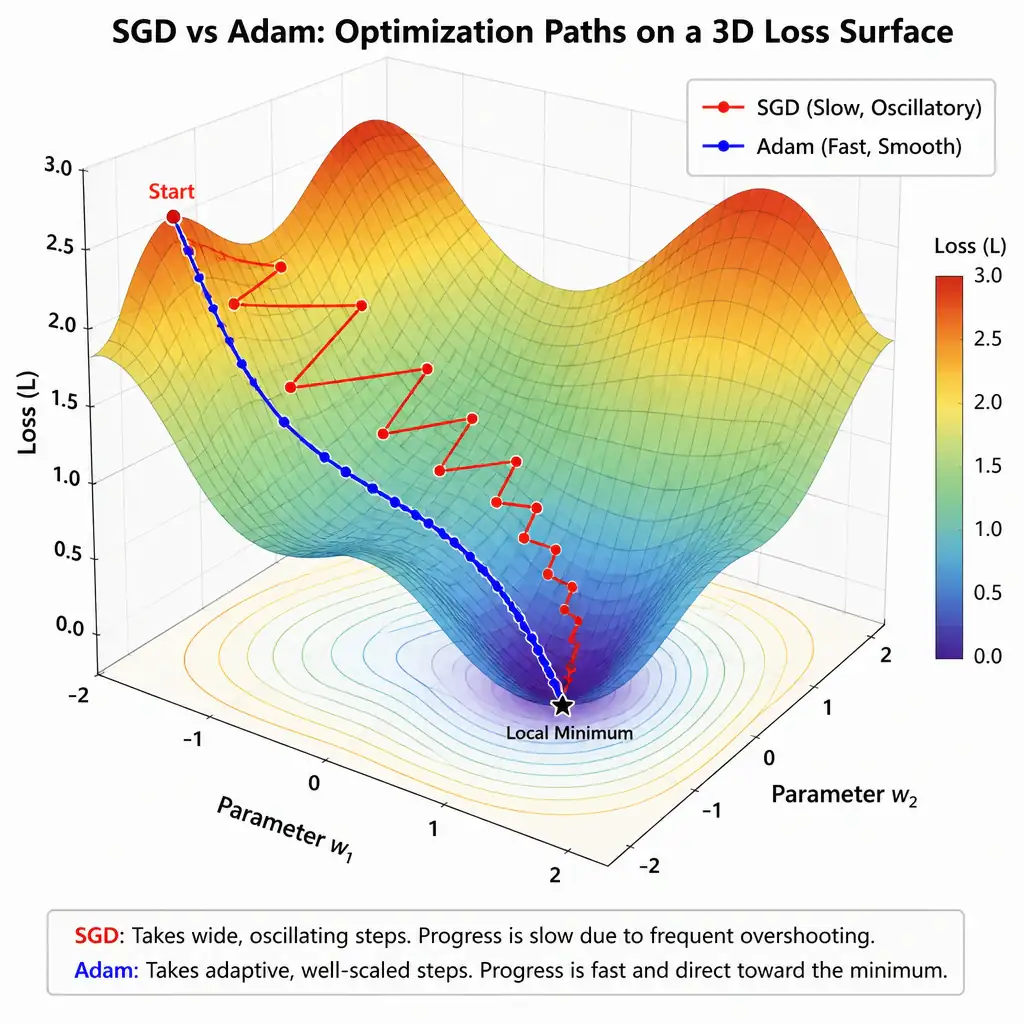 The diagram should depict a 3D loss surface contour map. It should plot the optimization paths of SGD (showing wide oscillations and slow progress) and Adam (showing a fast, direct, and smooth path toward the local minimum).