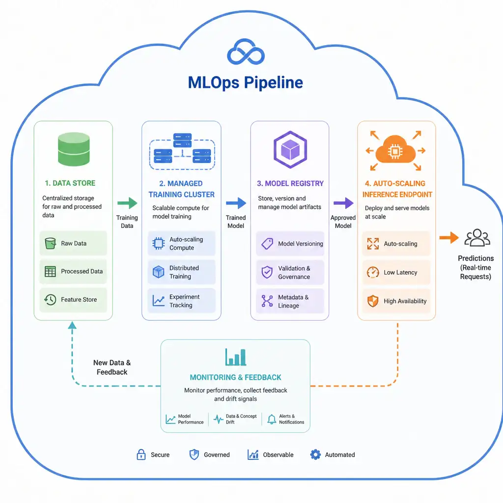 The image should show an MLOps pipeline flow diagram inside a cloud boundary, representing the integrated modules: Data Store, Managed Training Cluster, Model Registry, and Auto-scaling Inference Endpoint, showing data flowing seamlessly between them.