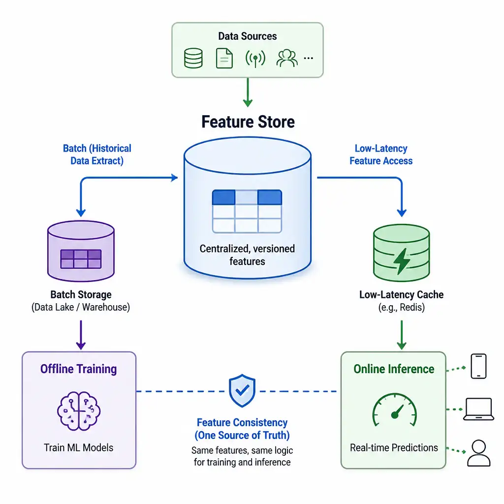 The diagram should depict a centralized "Feature Store" cylinder database feed. One arrow pointing to the left goes to "Offline Training" via a batch database, and another arrow pointing to the right goes to "Online Inference" via a low-latency cache, ensuring feature consistency.