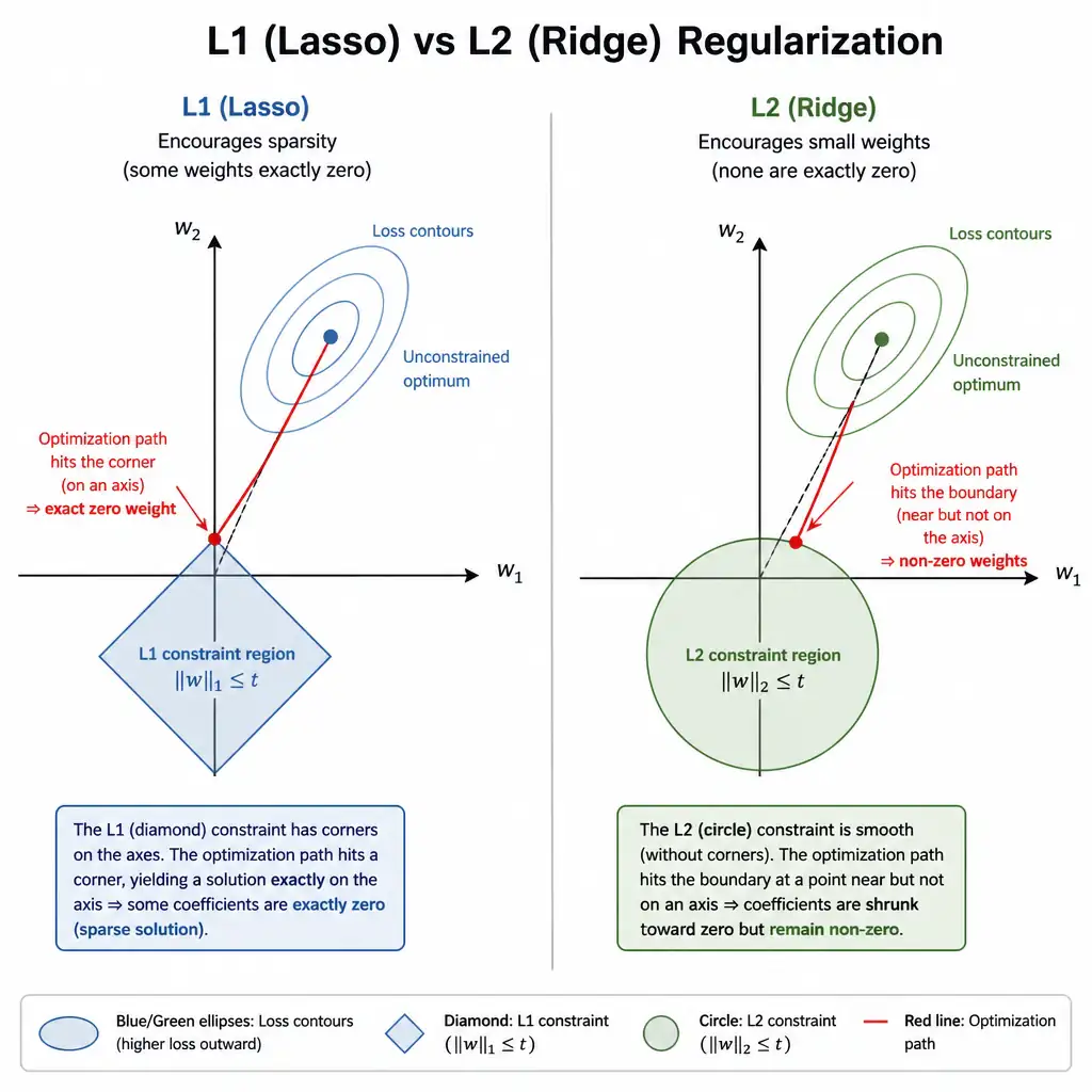 A geometric comparison chart showing L1 (diamond shape constraint) and L2 (circle shape constraint) regularization coordinate spaces intersecting with the loss function contours. Annotate how L1's corners lead to intersection points on the axes (weights driven to exactly zero, representing sparsity/feature selection), whereas L2's circle leads to intersections off the axes (weights shrunk close to zero but not exactly zero).