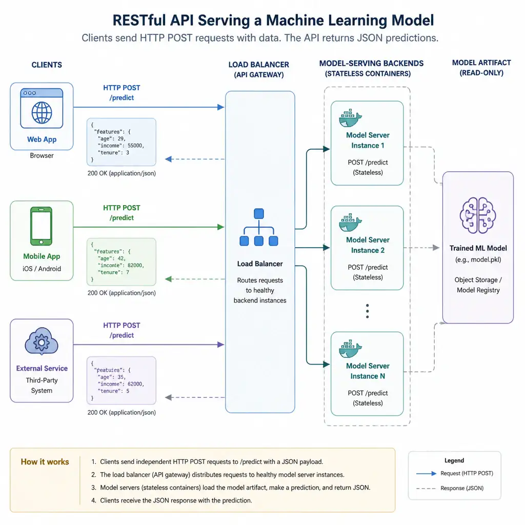 An architectural diagram of a RESTful API serving a machine learning model. Multiple diverse clients (web app, mobile app, external service) send independent HTTP POST requests containing data payloads to a load balancer. The load balancer routes the requests to multiple stateless model-serving backend containers, which return JSON predictions.