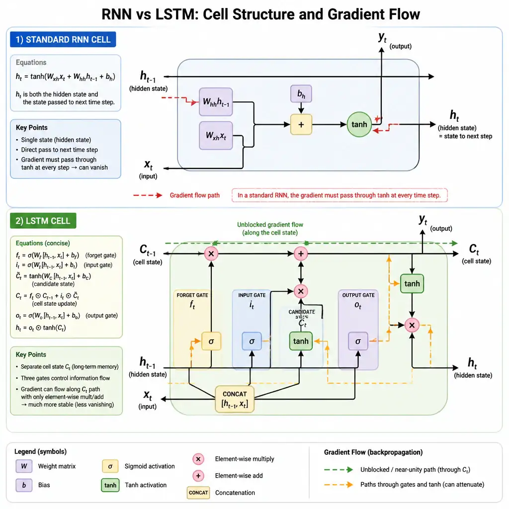 A detailed diagram comparing a standard RNN cell with an LSTM cell. The standard RNN cell is shown with a simple tanh activation and direct state pass. The LSTM cell is shown with a horizontal cell state line (the conveyor belt) regulated by three gates: a forget gate, an input gate, and an output gate, highlighting the gradient flow path that remains unblocked.
