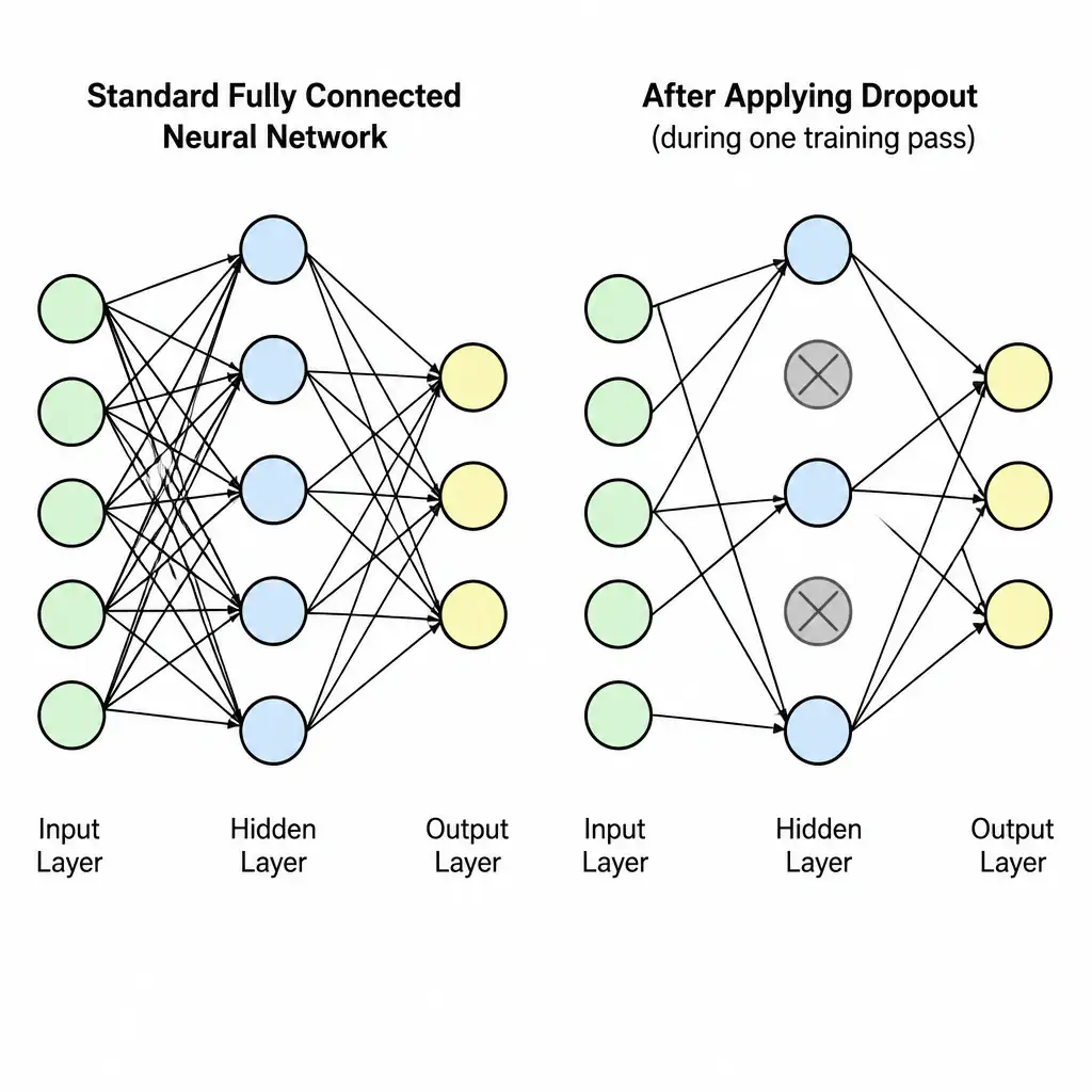 A diagram showing a standard fully connected neural network side-by-side with a network after applying dropout. In the dropout network, several hidden layer nodes should be grayed out with "X" marks on them, showing broken connections during a training pass.