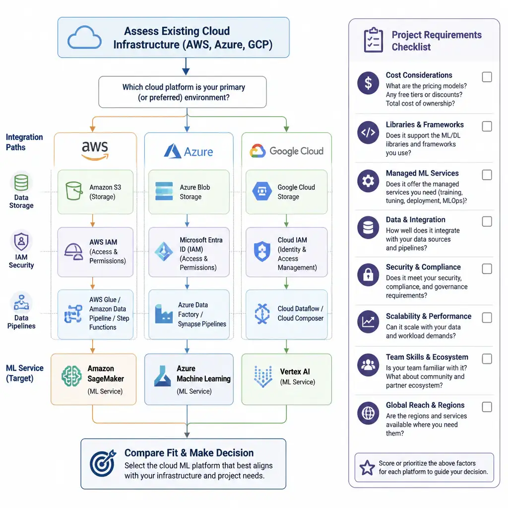 A decision flowchart for choosing a cloud ML platform. The chart starts with 'Assess Existing Cloud Infrastructure (AWS, Azure, GCP)' and forks into integration paths, showing data storage, IAM security, and data pipelines connecting to the respective ML service (SageMaker, Azure ML, Vertex AI). A separate checklist evaluates 'Project Requirements' such as cost, libraries, and managed services.