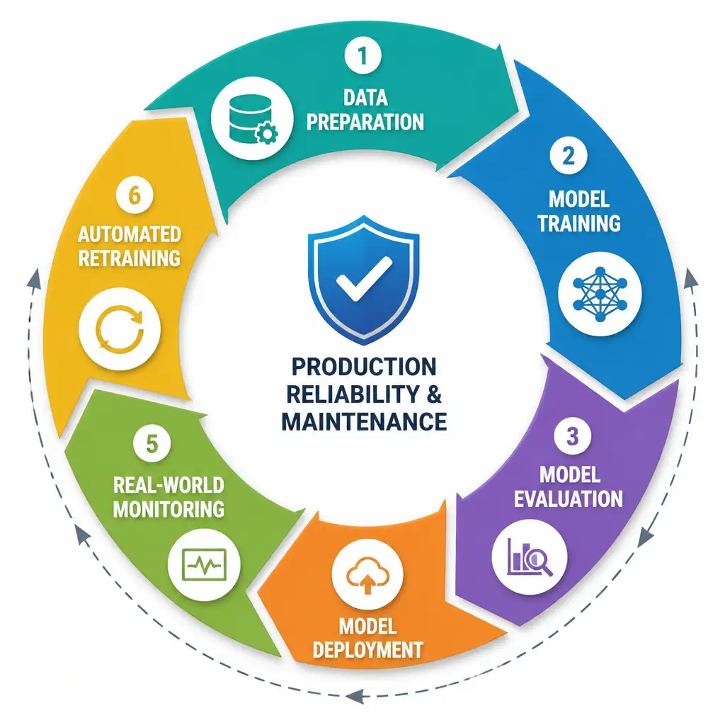 An MLOps lifecycle loop diagram. The loop is divided into continuous phases: Data Preparation, Model Training, Model Evaluation, Model Deployment, Real-world Monitoring, and Automated Retraining. A shield icon labels the loop as 'Production Reliability & Maintenance' to represent the lifecycle.