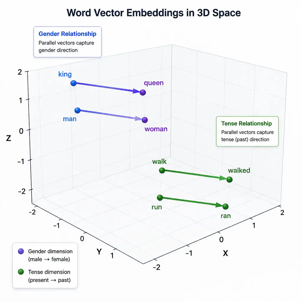 A 3D spatial plot illustrating word vector embeddings. It shows cluster groups of semantically related words: 'king', 'queen', 'man', 'woman' grouped together, with parallel vectors indicating gender relationships. Another cluster shows verbs like 'walk', 'walked', 'run', 'ran' representing tense relationships.