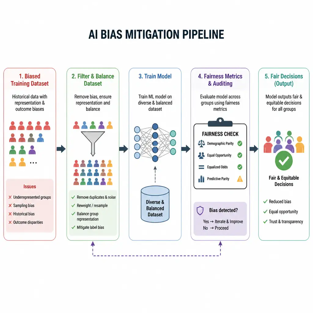 A mitigation pipeline for AI bias. On the left, a biased training dataset is filtered and balanced into a 'Diverse & Balanced Dataset'. This dataset trains the model, which passes through a check block labeled 'Fairness Metrics & Auditing' where bias metrics are checked before outputting fair decisions.