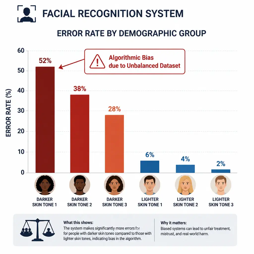 A visual analysis showing disparate error rates in a facial recognition system. A bar chart compares 'Error Rate by Demographic Group' showing high error rates for darker skin tones and low error rates for lighter skin tones, with a warning label pointing to the high bar reading 'Algorithmic Bias due to Unbalanced Dataset'.
