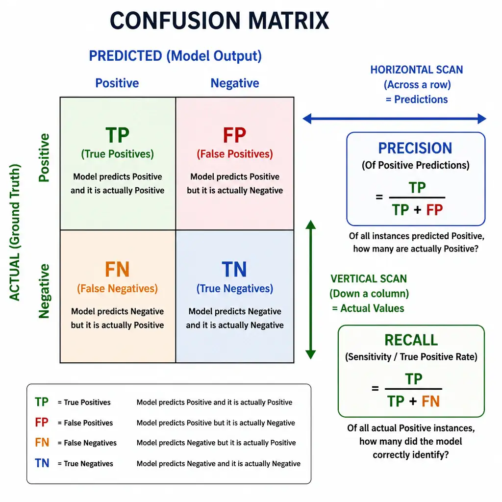A diagram of a Confusion Matrix showing True Positives (TP), False Positives (FP), False Negatives (FN), and True Negatives (TN). Formulas for Precision (TP / (TP + FP)) and Recall (TP / (TP + FN)) are highlighted next to arrows showing the horizontal scan for precision (predictions) and vertical scan for recall (actual values).