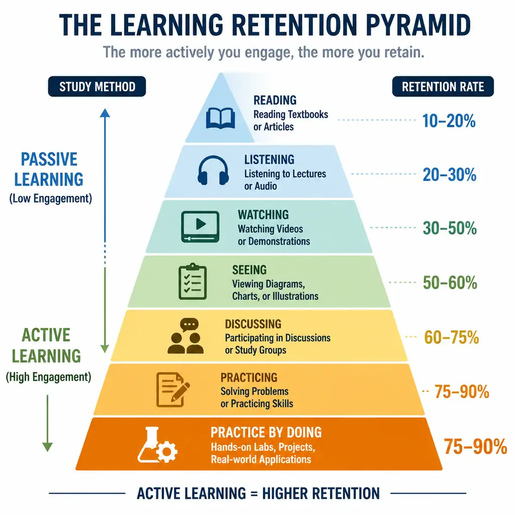 An educational pyramid diagram showing retention rates of different study methods. At the top of the pyramid, 'Passive Learning' (Reading, Listening) shows low retention (10-20%), while the bottom base labeled 'Active Learning' (Practice by Doing, Hands-on Labs, Projects) shows high retention (75-90%).
