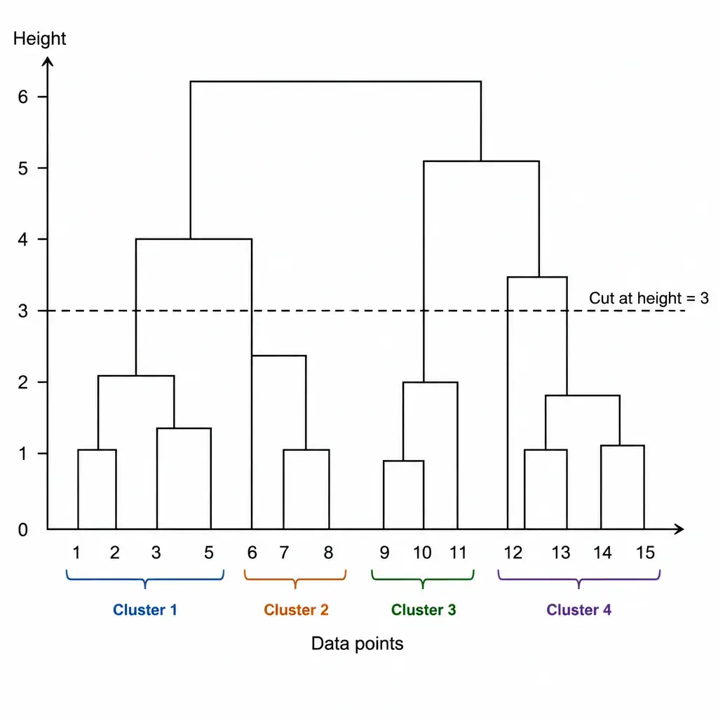 A diagram of a dendrogram showing individual data points along the horizontal axis, with vertical and horizontal lines forming a hierarchical tree structure that merges points into clusters. A dashed horizontal line cuts across the dendrogram to illustrate how the tree can be partitioned into a specific number of clusters.