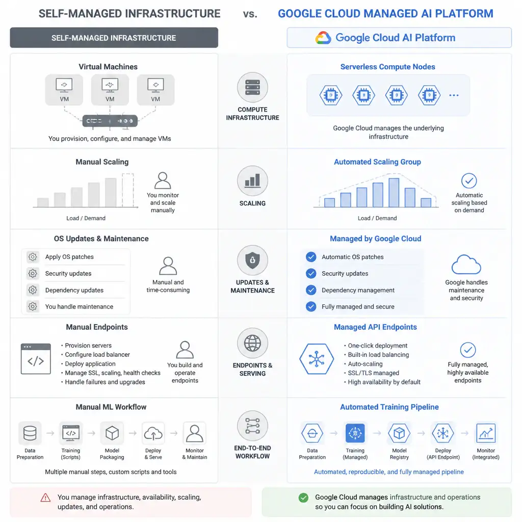A conceptual architecture diagram comparing self-managed infrastructure (virtual machines, manual scaling, OS updates, manual endpoints) vs Google Cloud managed AI Platform (automated training pipeline, automated scaling group, managed API endpoints, and serverless compute nodes).