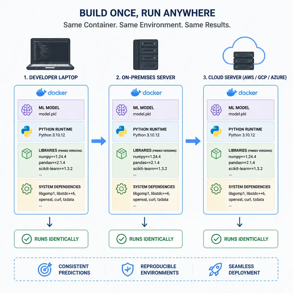 A containerization diagram showing a Docker container containing a machine learning model, Python runtime, specific library versions, and system dependencies. The container is shown being moved seamlessly from a developer's laptop to an on-premises server and then to a cloud server, running identically on all three.