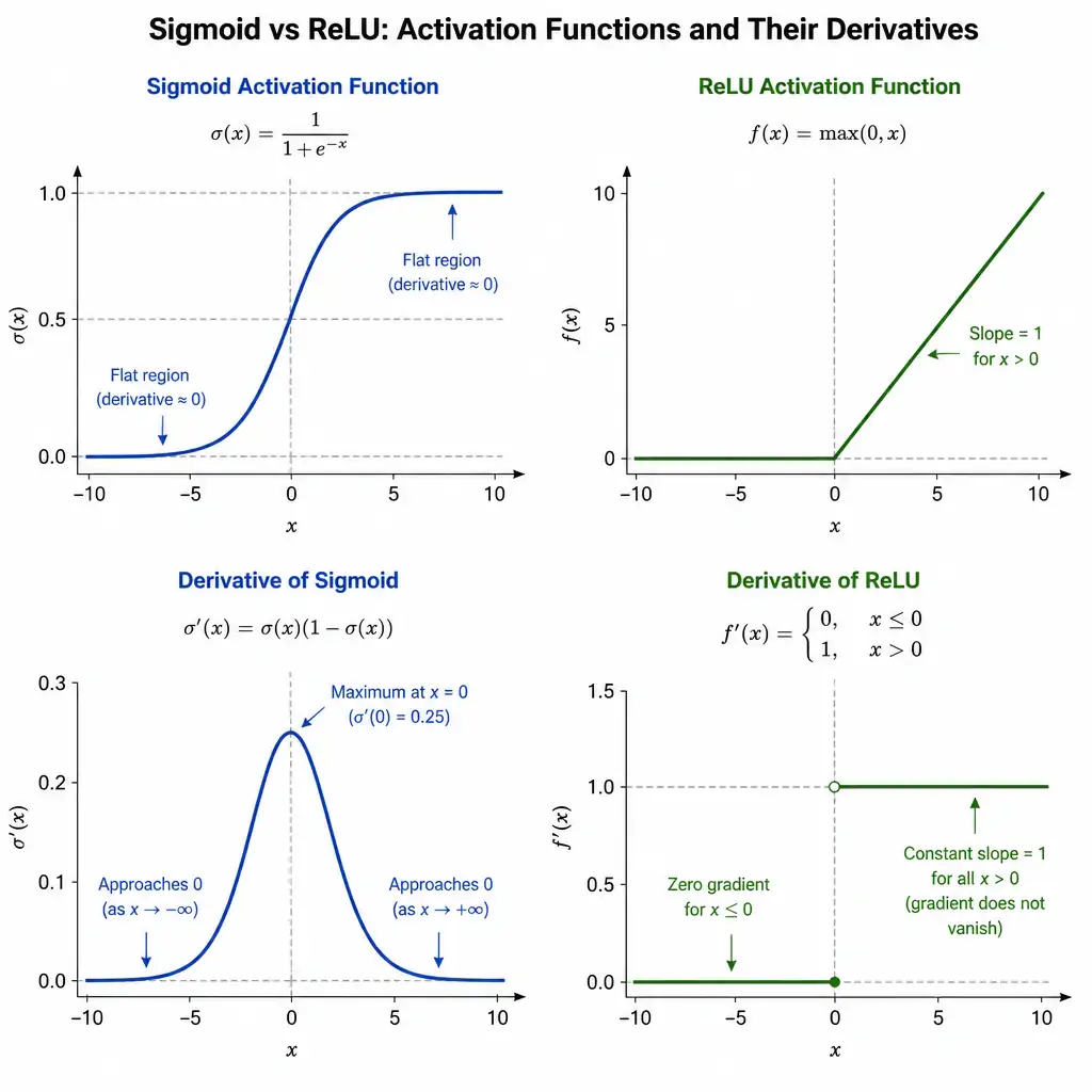 A graph comparing the Sigmoid and ReLU activation functions alongside their derivatives. The Sigmoid curve shows flat regions where the derivative approaches zero, while the ReLU line shows a constant slope of 1 for all values of x greater than 0, illustrating the constant gradient flow.