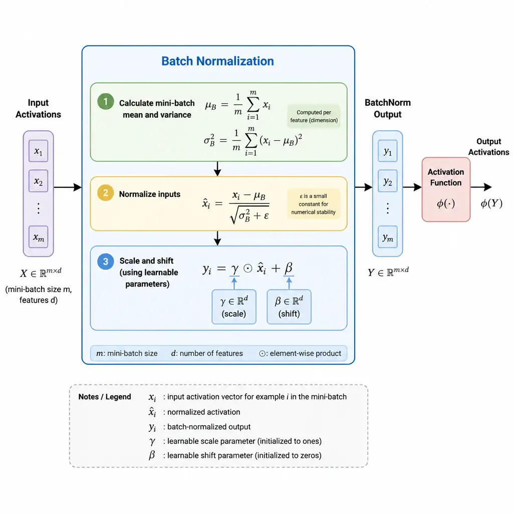 A block diagram of a neural network layer showing input activations entering a Batch Normalization block. The block illustrates the mathematical steps: 1. Calculate mini-batch mean and variance, 2. Normalize inputs, 3. Scale and shift using learnable parameters gamma and beta, before passing the output to the activation function.